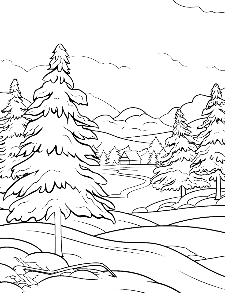 Frosty Morning Christmas Coloring Page - A beautiful, frosty morning with ice crystals on the trees and snow on the ground.