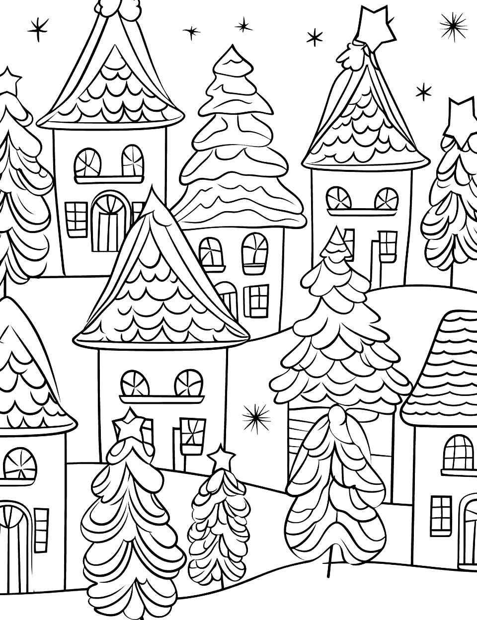 Snowy Christmas Day Coloring Page - A street lined with houses with Christmas decorations on a snowy day