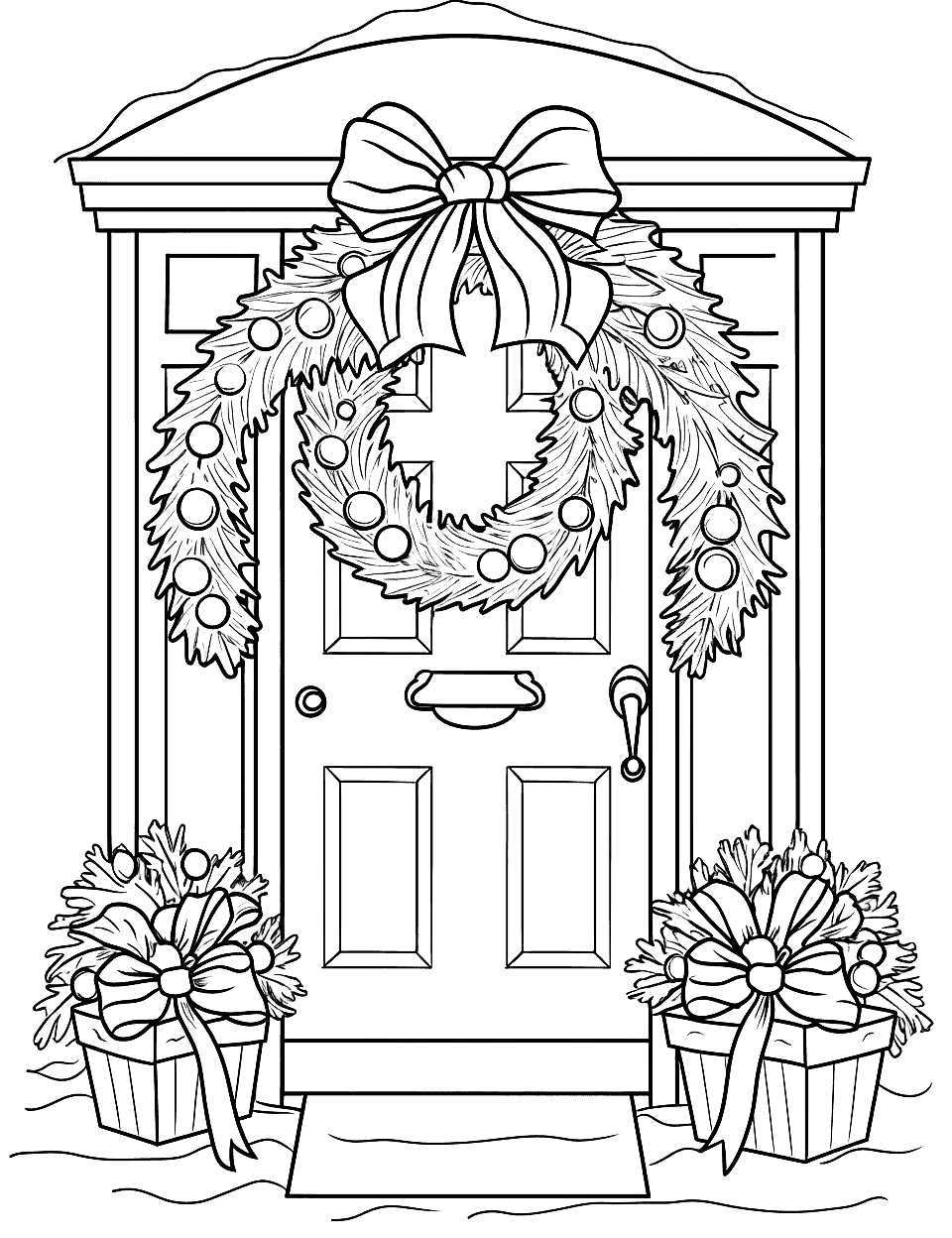 Festive Front Door Christmas Coloring Page - A front door decorated with a festive Christmas wreath.