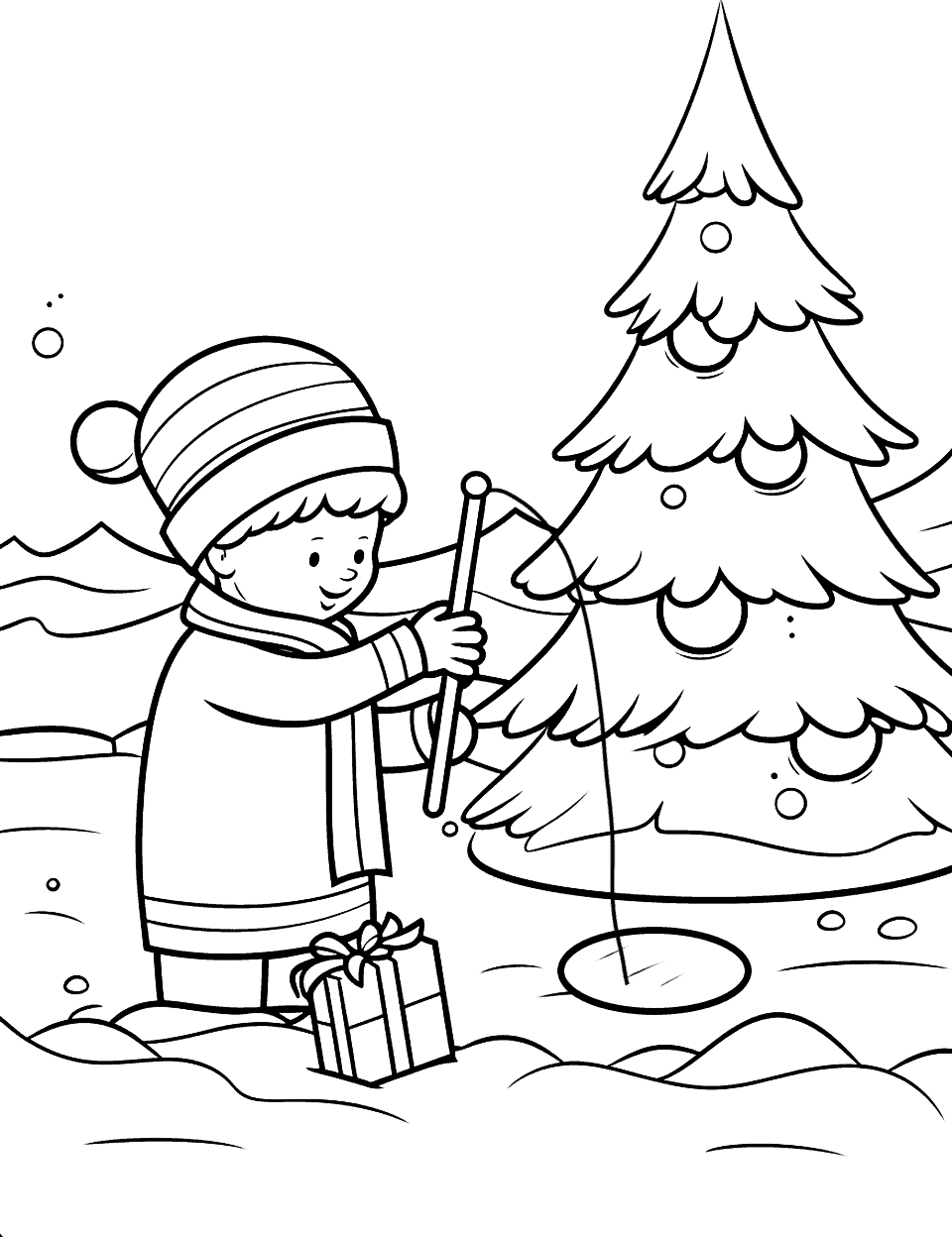 Christmas Fishing Trip Coloring Page - A child fishing in a hole in a frozen pond, catching a Christmas present.
