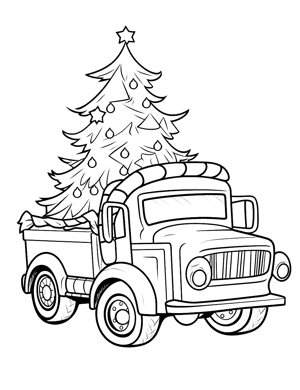 Festive Firetruck Coloring Page - A firetruck decorated with Christmas lights.