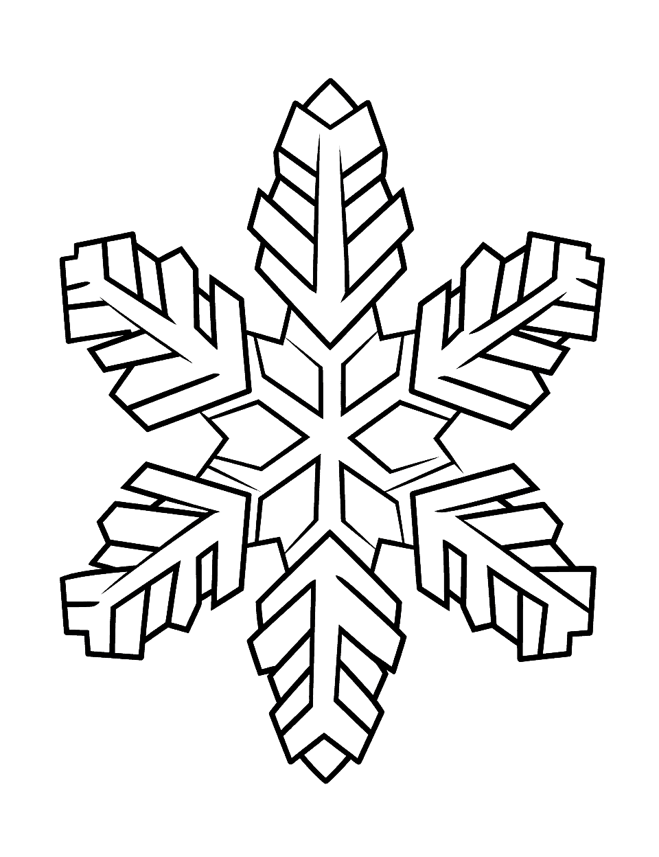 Snowflake Designer Christmas Coloring Page - One big six armed snowflake fills the page, each arm built from straight chevrons and blocks rather than curls. Because it is symmetrical, you can plan a color pattern on one arm and repeat it the whole way around. If your family likes symmetry, our mandala coloring pages work the same way.
