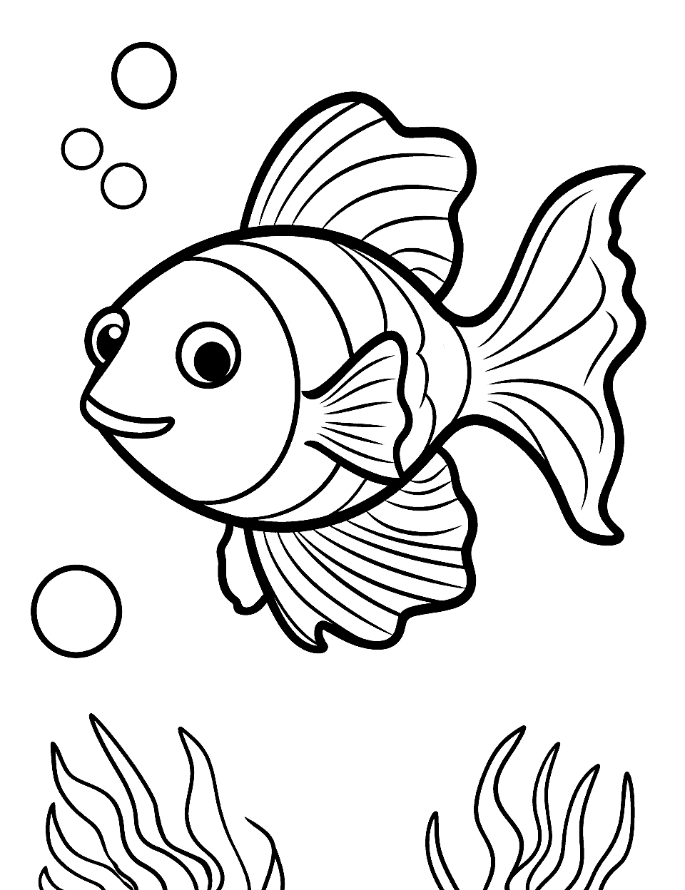Cute Clownfish Adventure Fish Coloring Page - A cute clownfish exploring a colorful anemone, looking curious and playful.