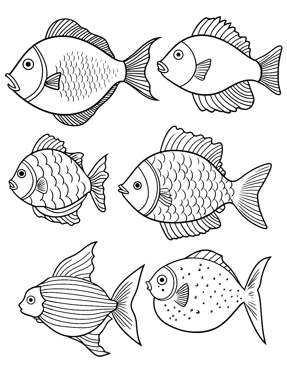 Saltwater Fish Diversity Coloring Page - A collection of saltwater fish, each with its own unique shape and characteristics.