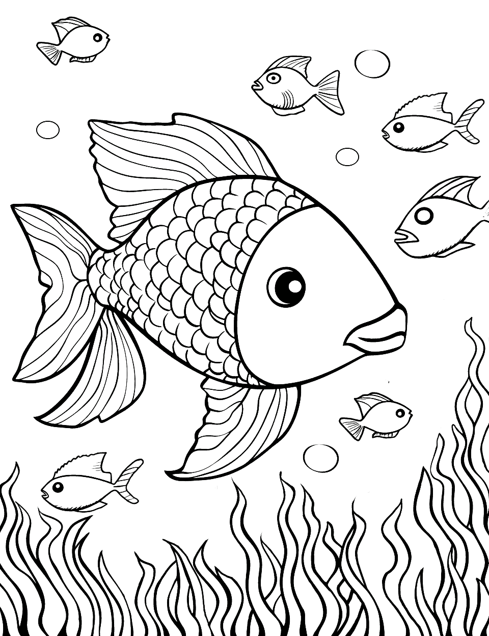 Multiple Fish Fiesta Coloring Page - A busy scene with multiple fish, both big and small.