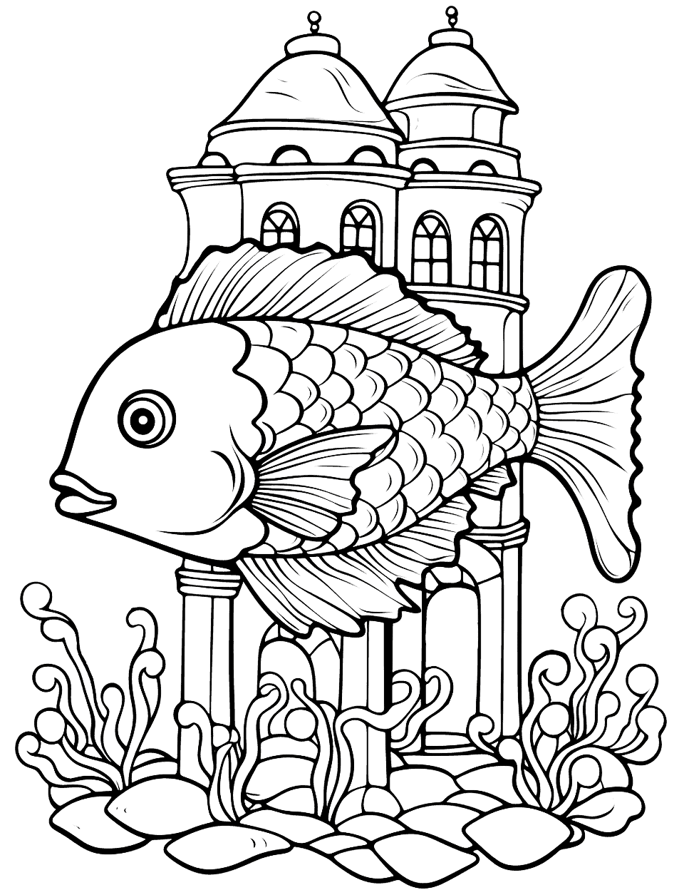 Coral Castle Playground Coloring Page - Fish playing around an underwater coral castle.