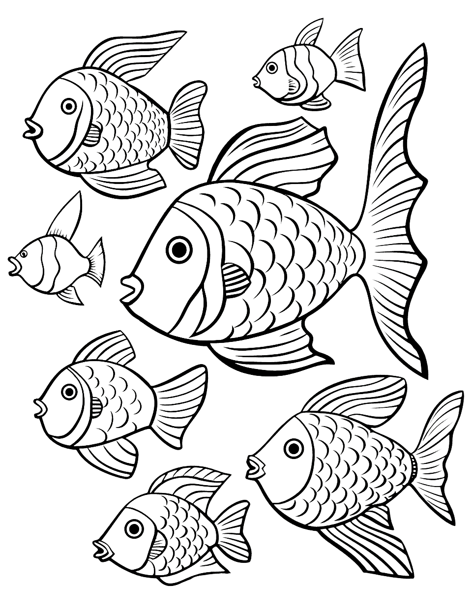 Tropical Fish Parade Coloring Page - Various tropical fish, with vibrant colors and unique patterns, swimming together.