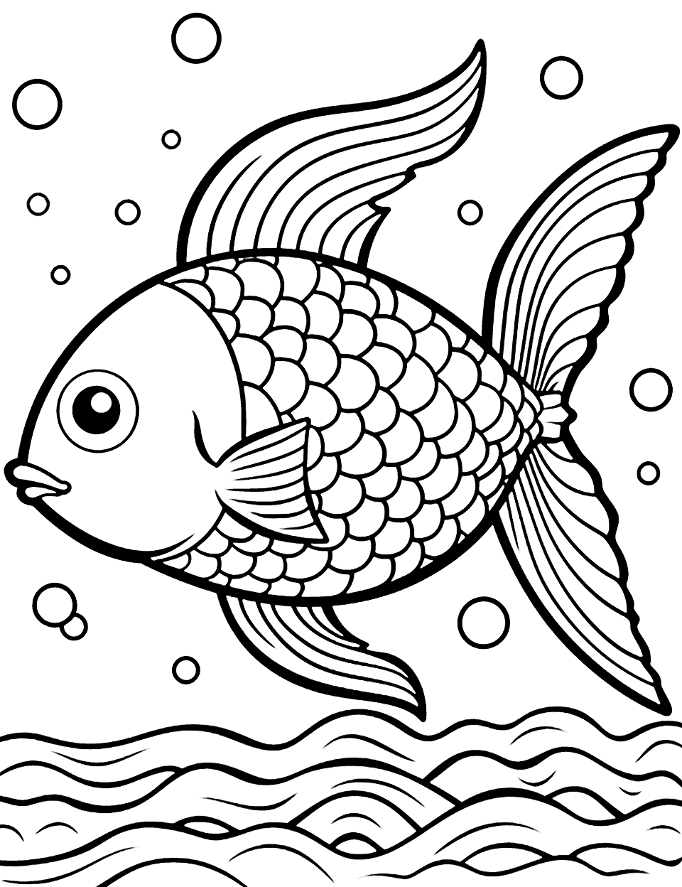 Fish Night Coloring Page - Fish with patterned scales, swimming in an ocean.