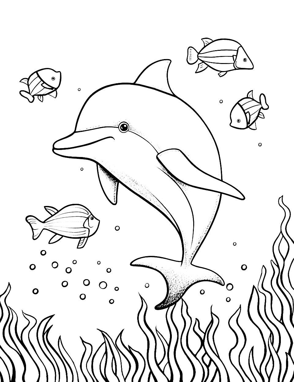 Dolphin's Fish Friends Coloring Page - A dolphin playing with its fish friends. Dolphin's Fish Friends Coloring Page - A dolphin playing with its fish friends.