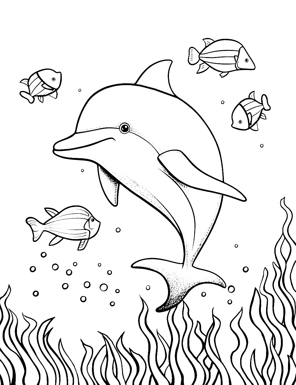Dolphin's Fish Friends Coloring Page - A dolphin playing with its fish friends.