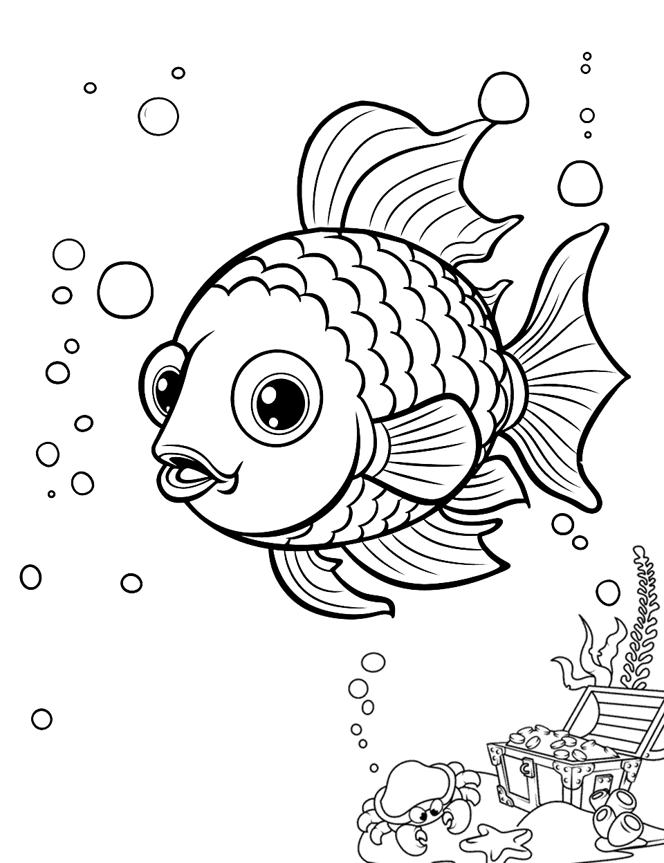 Treasure Hunt Fish Coloring Page - A big-eyed fish searching for buried underwater treasure. Treasure Hunt Fish Coloring Page - A big-eyed fish searching for buried underwater treasure.