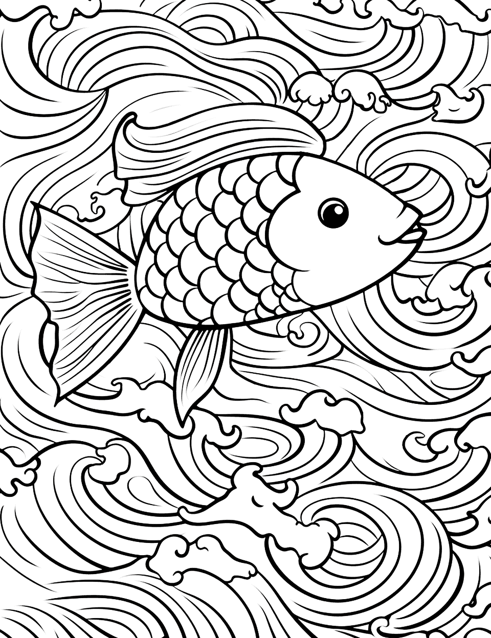 Ocean Waves and Fish Coloring Page - Fish riding the waves and having a great time.