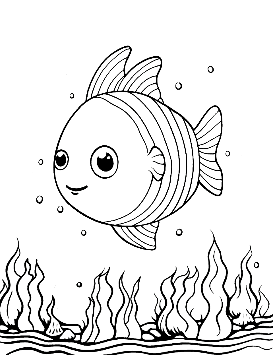 Seagrass Adventure Fish Coloring Page - Fish swimming around a deep-sea seagrass