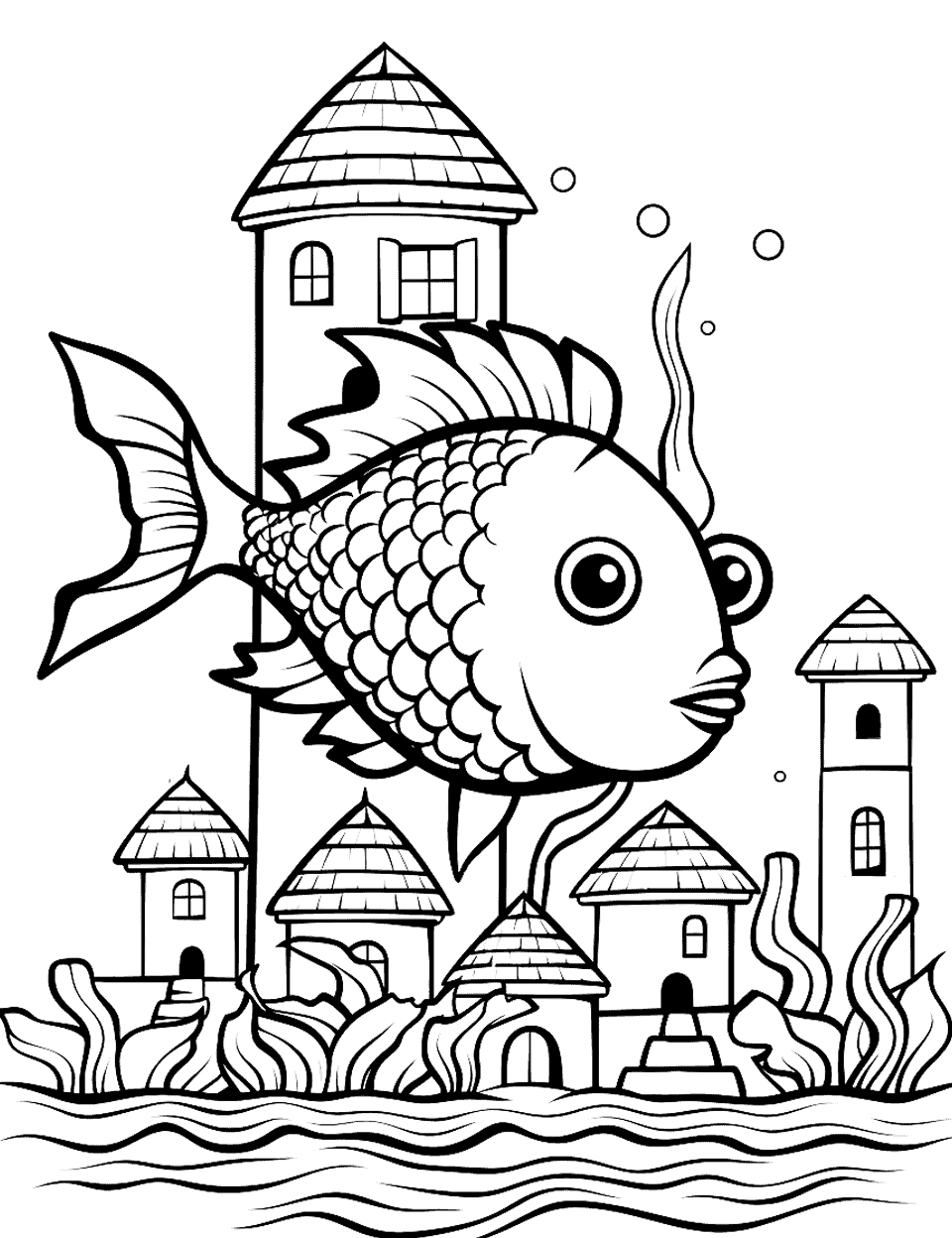 Fish Village Coloring Page - A small village underwater, with fish.