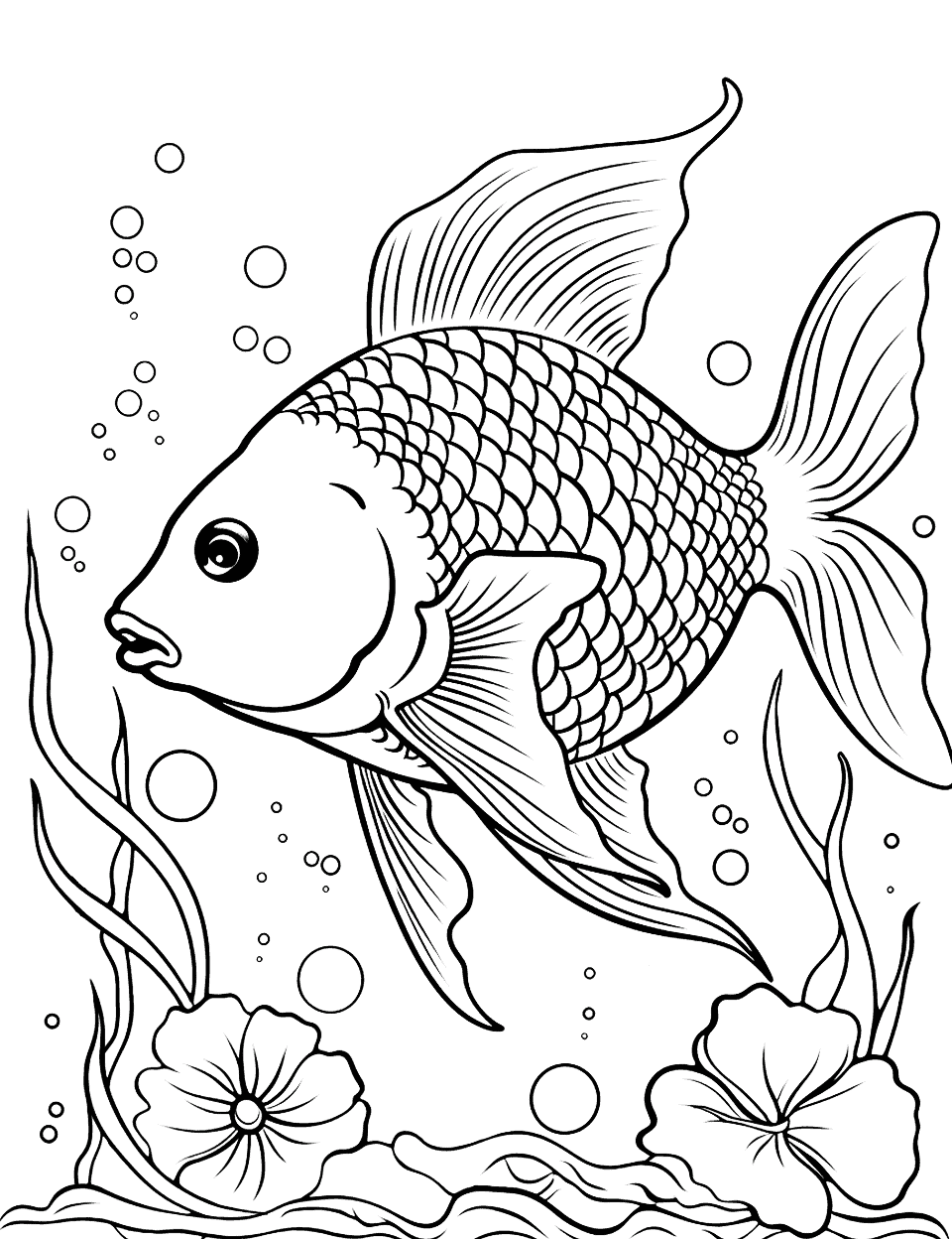 Fairy Fish in Enchanted Waters Coloring Page - Fish with wings, swimming in an enchanted pond.