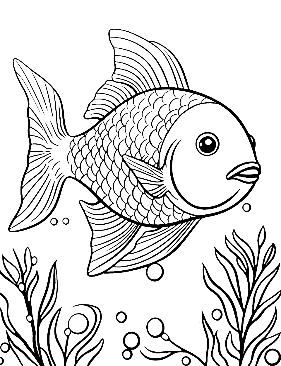 Jungle River Fish Coloring Page - Fish that are native to jungle rivers swim amidst the foliage.