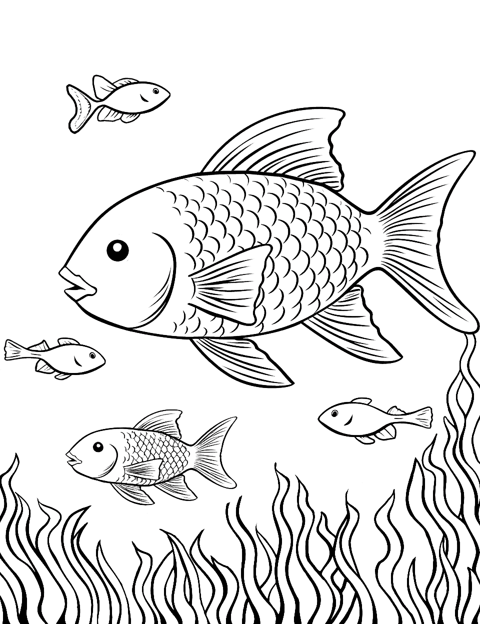 Fish Group Expedition Coloring Page - Group of fish swimming and exploring the deep waters