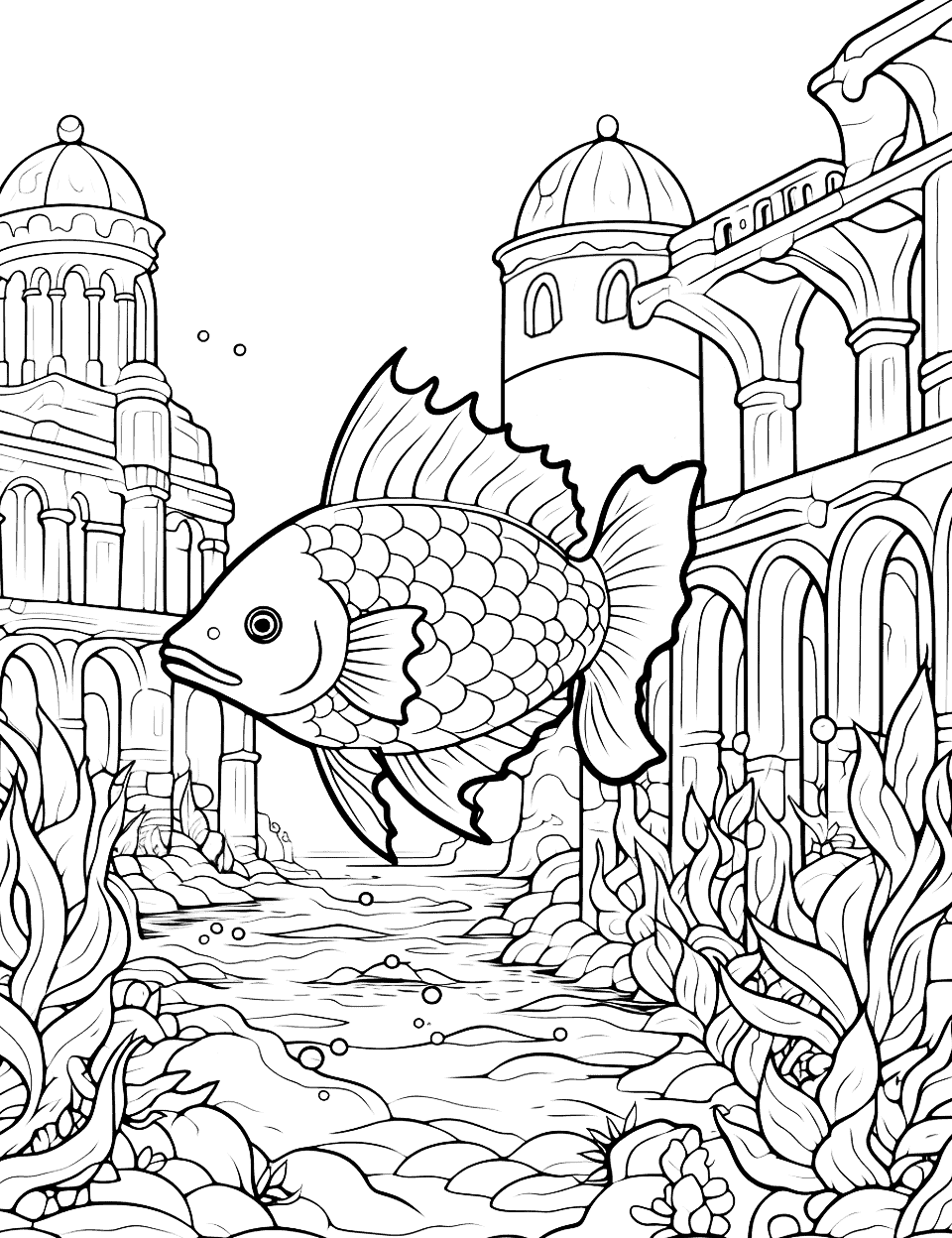 Lost City of Atlantis Coloring Page - Legendary fish and ruin from the lost city of Atlantis.