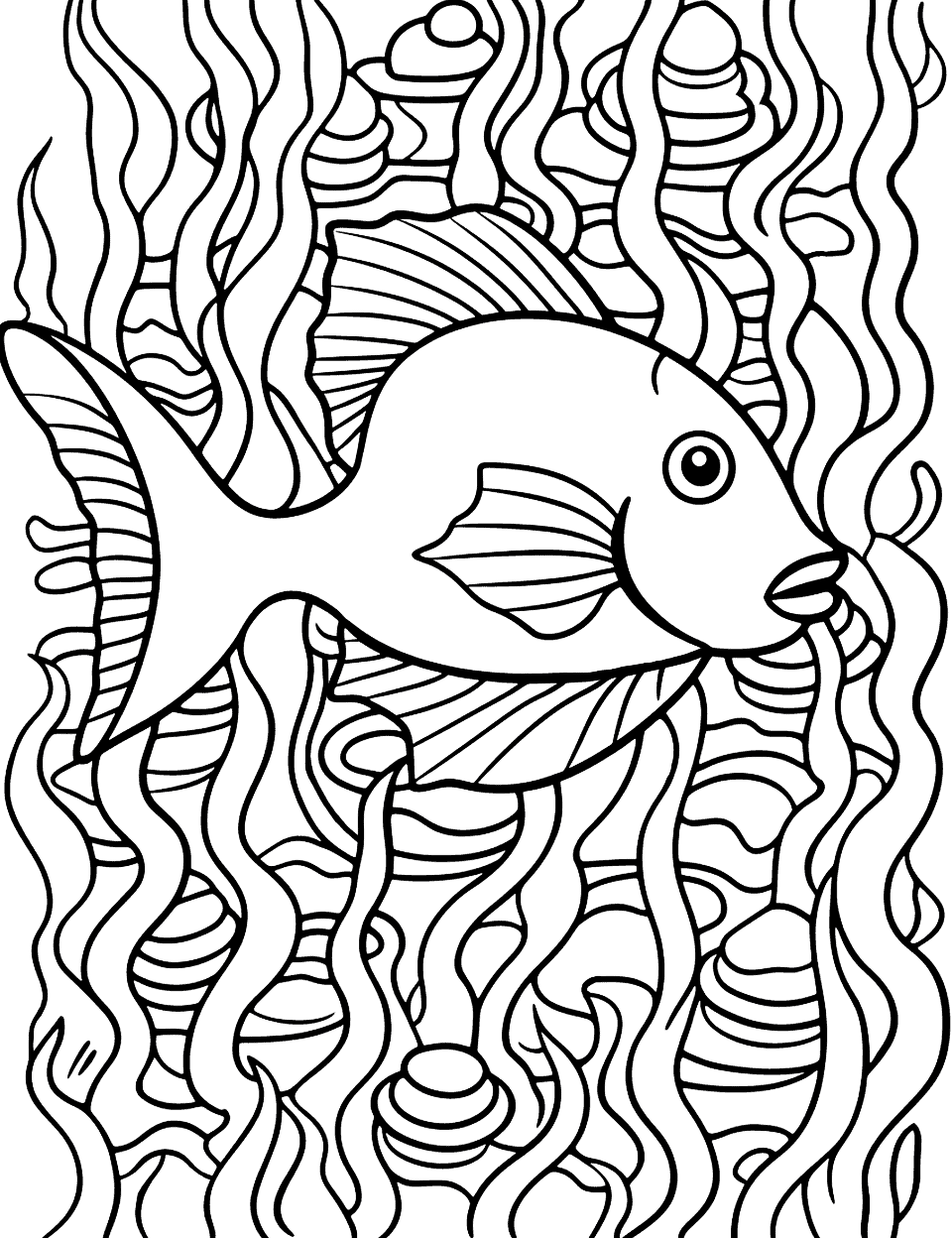 Maze of Coral and Fish Coloring Page - A maze made of coral structures, with a fish guiding the way.