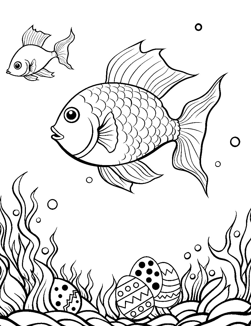 Easter Egg Fish Hunt Coloring Page - Fish searching for Easter eggs hidden in the corals.