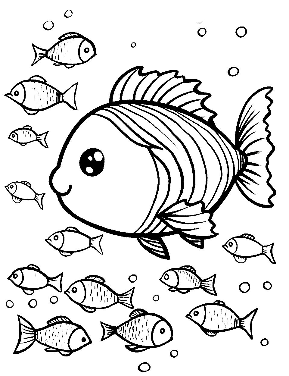 Giant Fish and Tiny Friends Coloring Page - A giant fish playing with tiny fish, showcasing the difference in size.