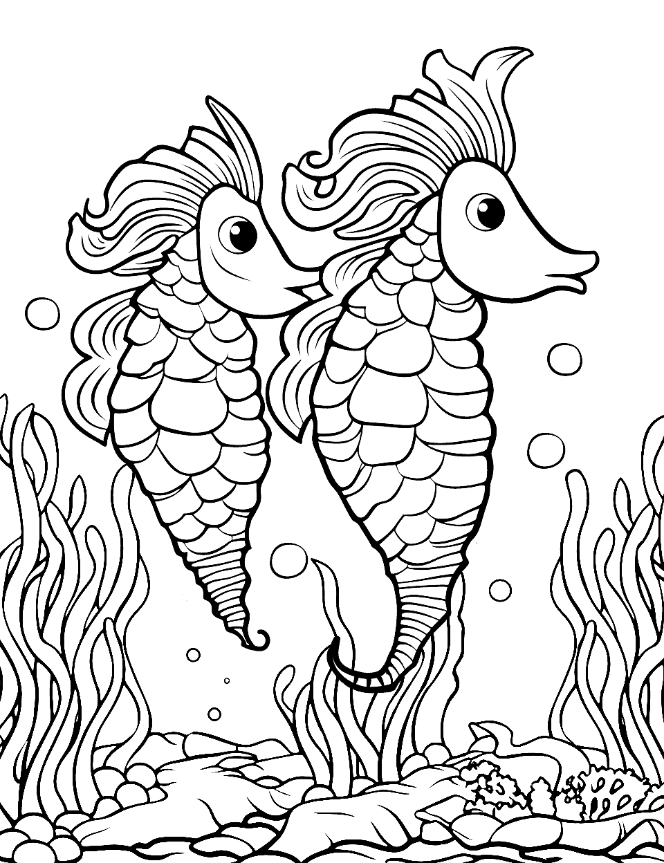 Seahorses Fish Coloring Page - Seahorses racing and just having fun.