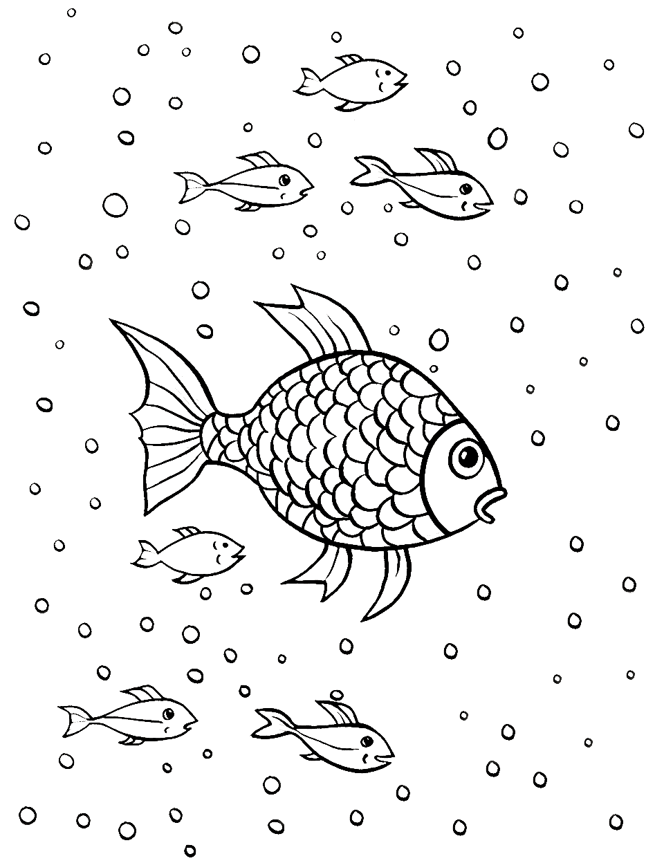 Rainbow Fish's Journey Fish Coloring Page - The famous Rainbow Fish, with shiny scales.
