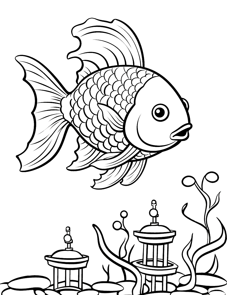 Fish on a Playground Coloring Page - Fish playing in an underwater playground.