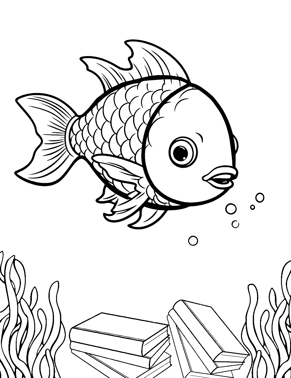 Fish with Underwater Books Coloring Page - Fish in an underwater library with books about the mysteries of the ocean.