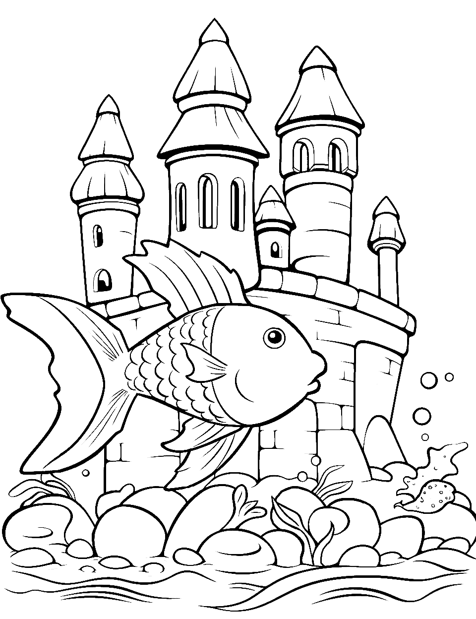 Fish and Sandcastles Coloring Page - Fish at the ocean floor with intricate sandcastles.