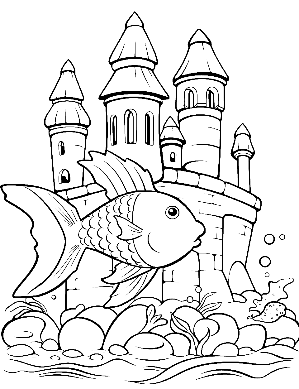 Fish and Sandcastles Coloring Page - Fish on the ocean floor with intricate sandcastles.