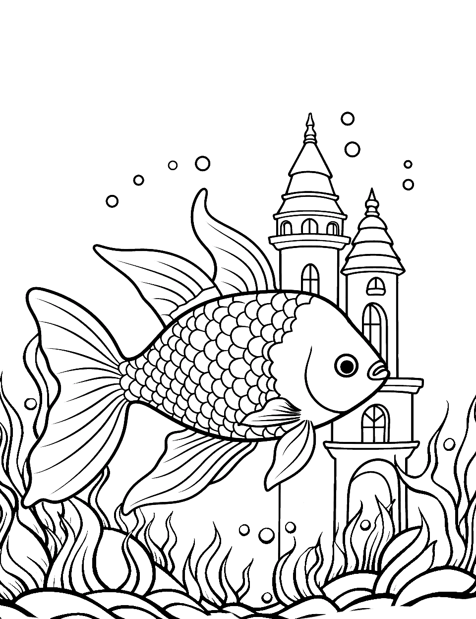 Fairytale Fish Kingdom Coloring Page - Fish living in a fairytale world with castles.