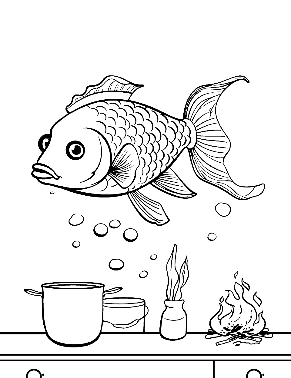 Fish Cooking Delicious Food Coloring Page - Fish in an underwater kitchen prepping to cook some food.