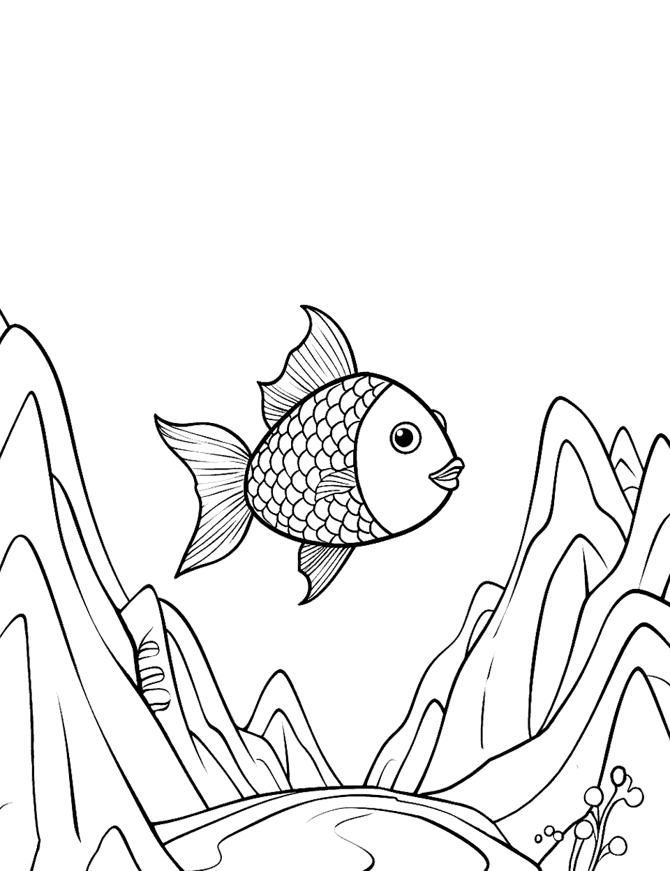Fishy Mountain Adventure Fish Coloring Page - Fish climbing underwater mountains and enjoying the view.