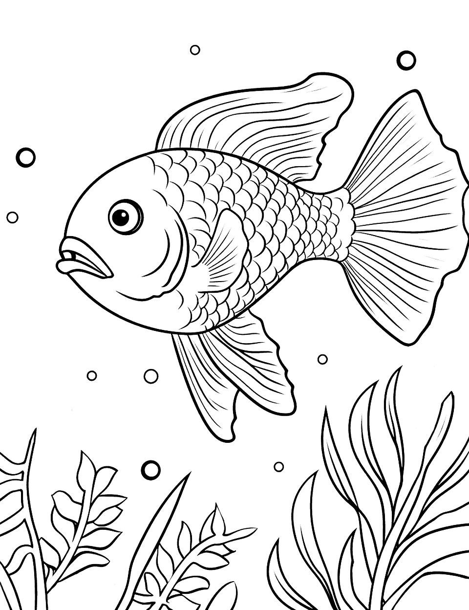 Fish in a Rainforest Coloring Page - Fish exploring a submerged rainforest with all its colorful flora and fauna.