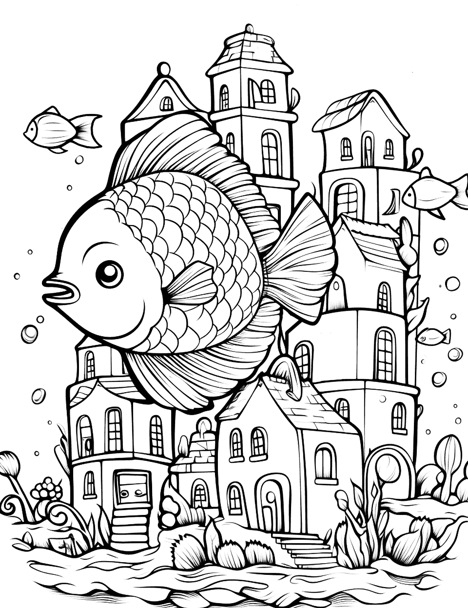 Underwater Fishy City Fish Coloring Page - A bustling city underwater, with fish going about their daily lives.