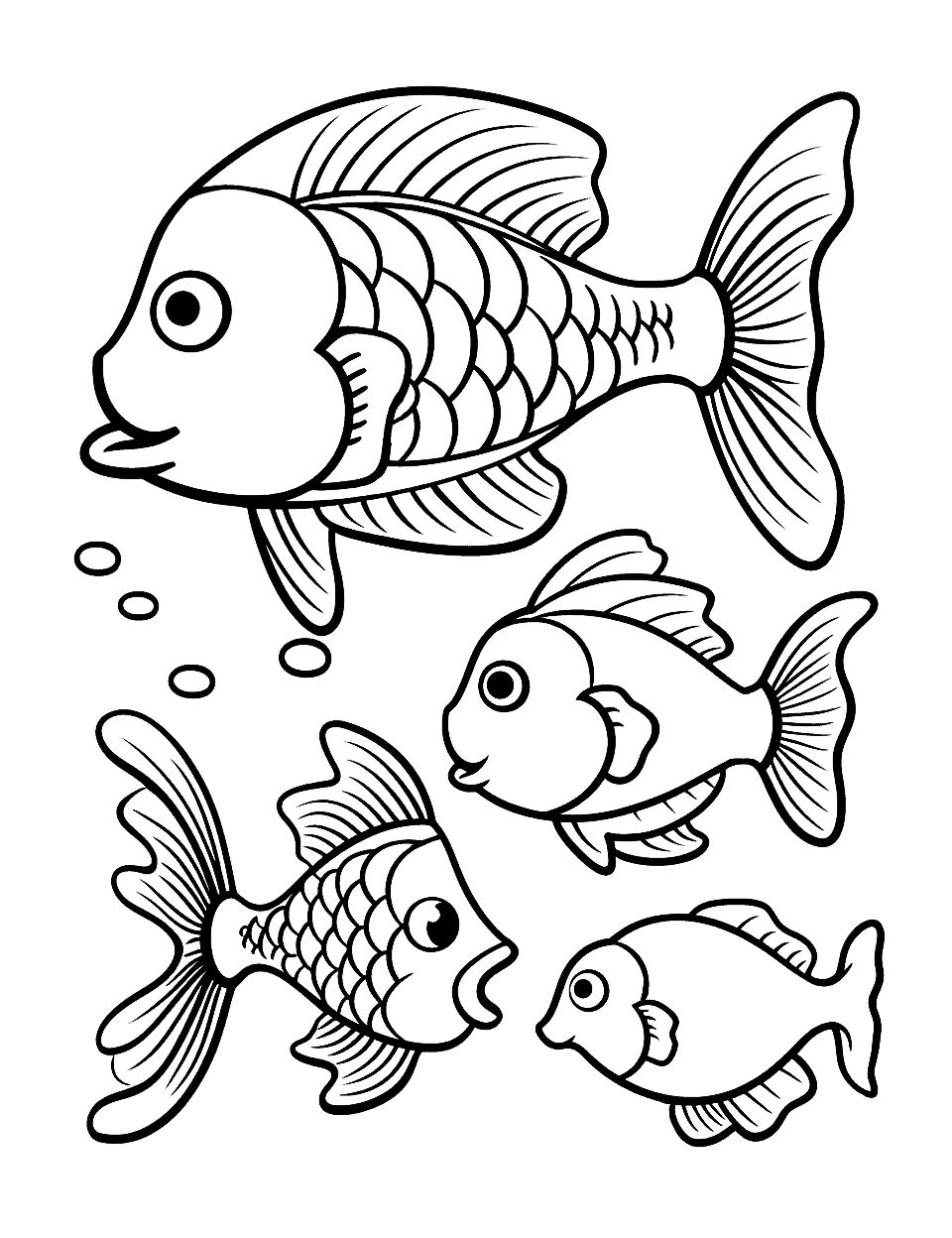Kindergarten Fish Friends Coloring Page - Simplified fish shapes, perfect for a kindergarten student’s coloring fun.