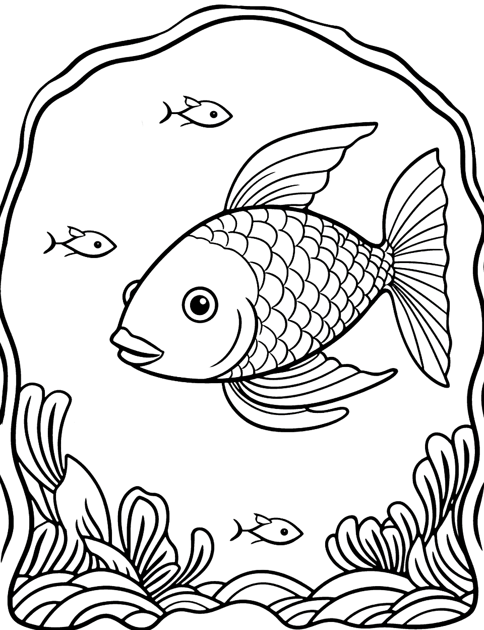 Fish in an Underwater Cave Coloring Page - Fish exploring the mysteries of an underwater cave.