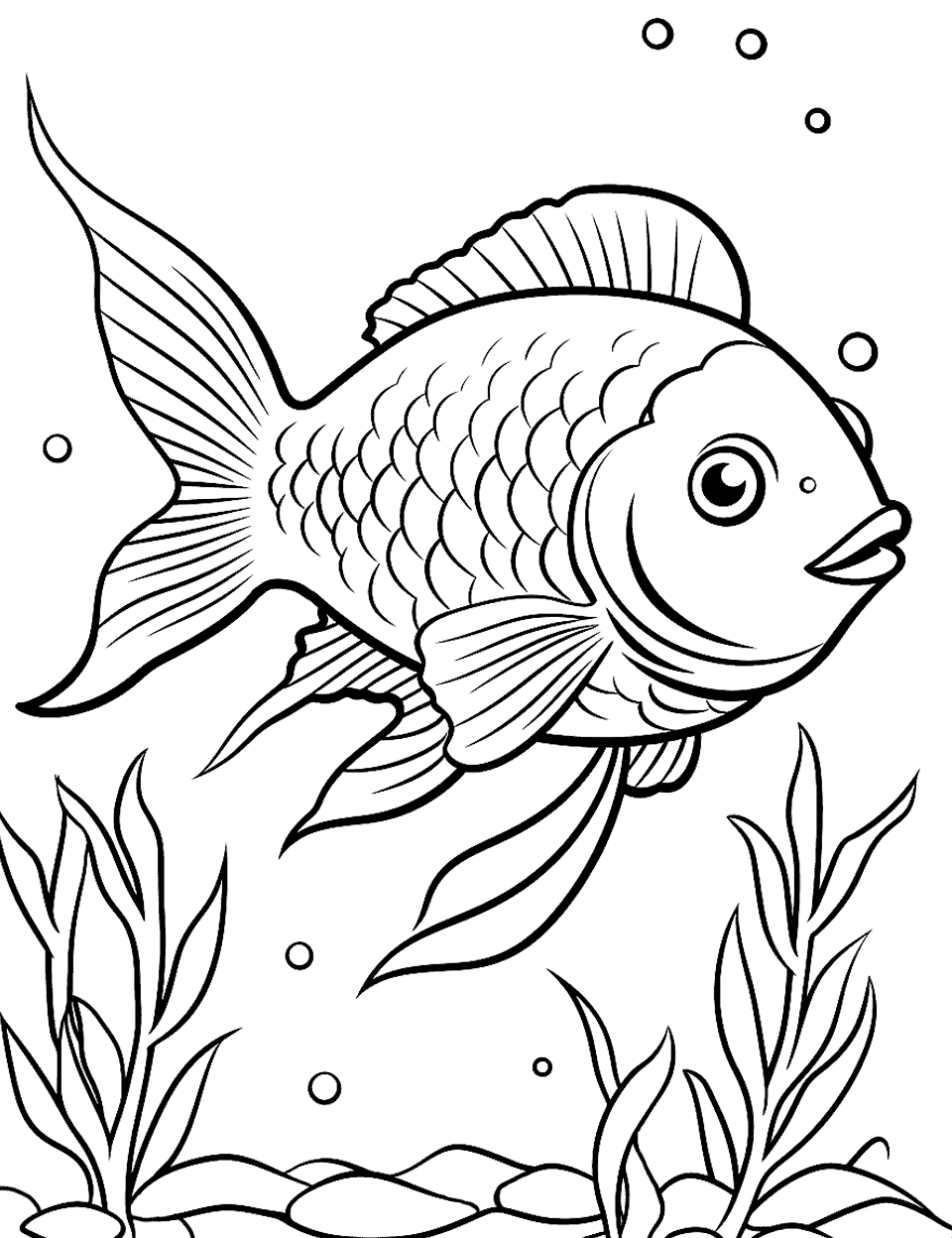 Bass Amidst the Weeds Fish Coloring Page - A bass fish lurking in the underwater weeds, waiting for its next meal.