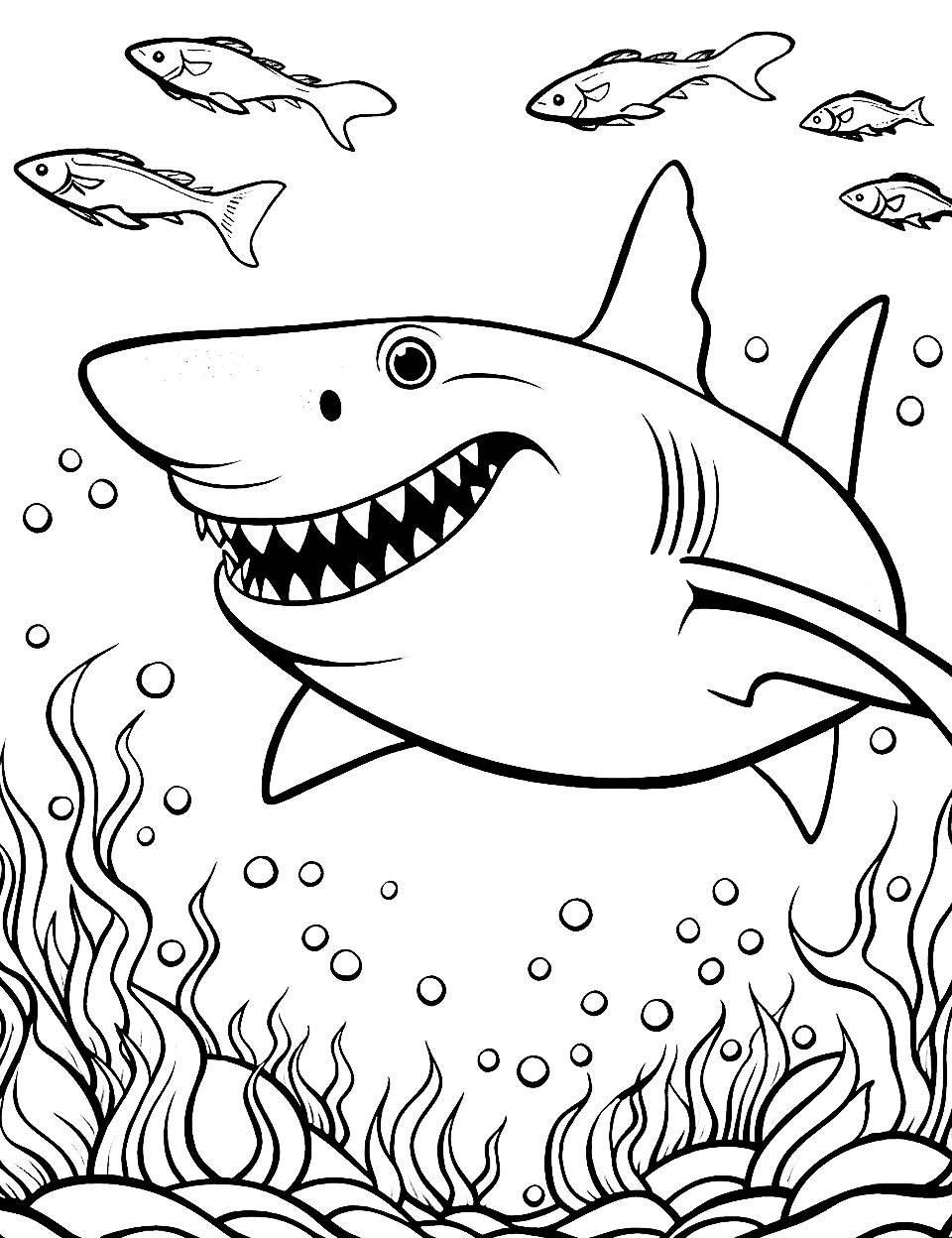 Shark Encounter Coloring Page - A big shark, with a few tiny fish around, showcasing the predator and the prey.