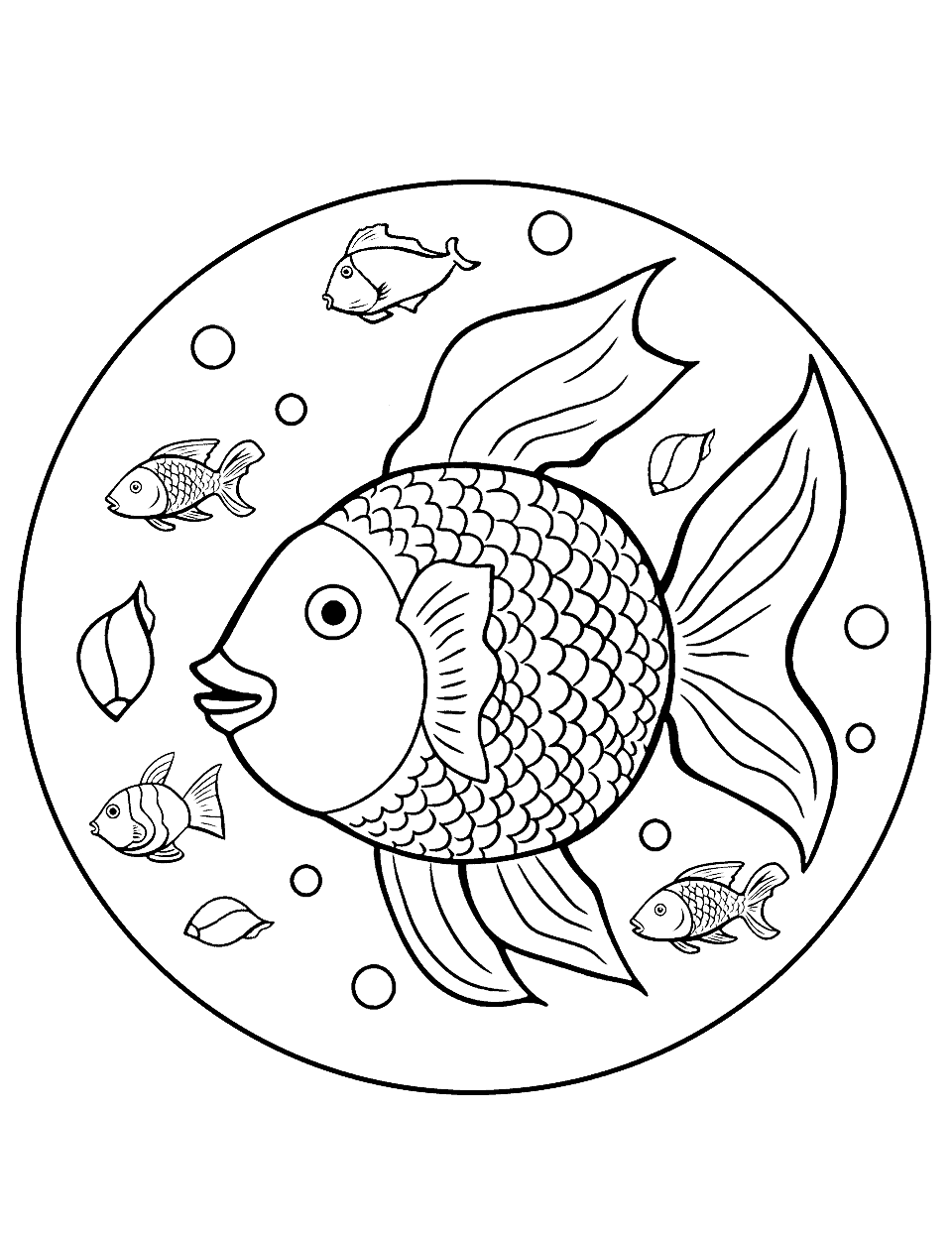 Marine Life in A Circle Fish Coloring Page - Different types of fish and marine elements inside a circle