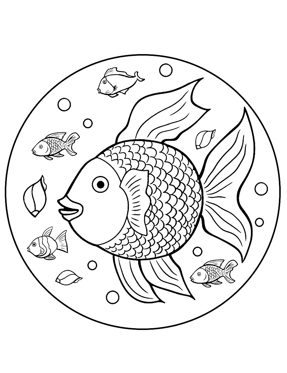 Marine Life in A Circle Coloring Page - Different types of fish and marine elements inside a circle