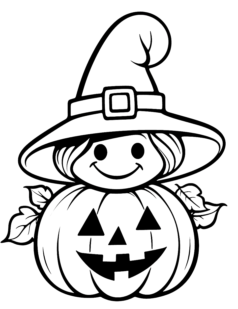 Cute Halloween Pumpkin Coloring Page - A charming pumpkin and a cute witch with rosy cheeks, wearing a witch’s hat. Great for younger kids to color with bright, cheerful colors.