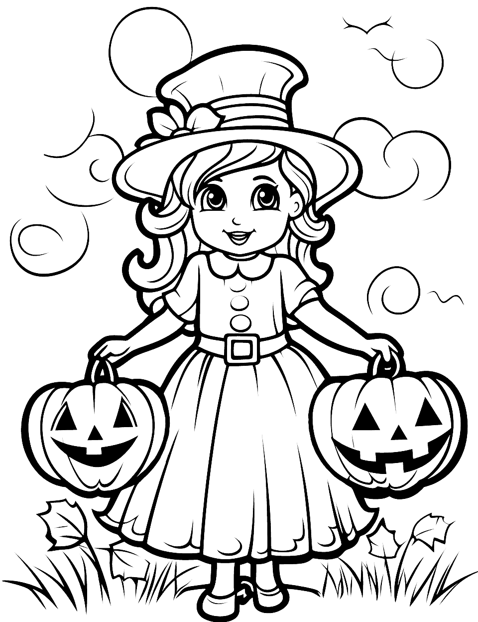 Halloween Princess Coloring Page - A young girl dressed in a beautiful princess costume, trick-or-treating on a moonlit Halloween night.