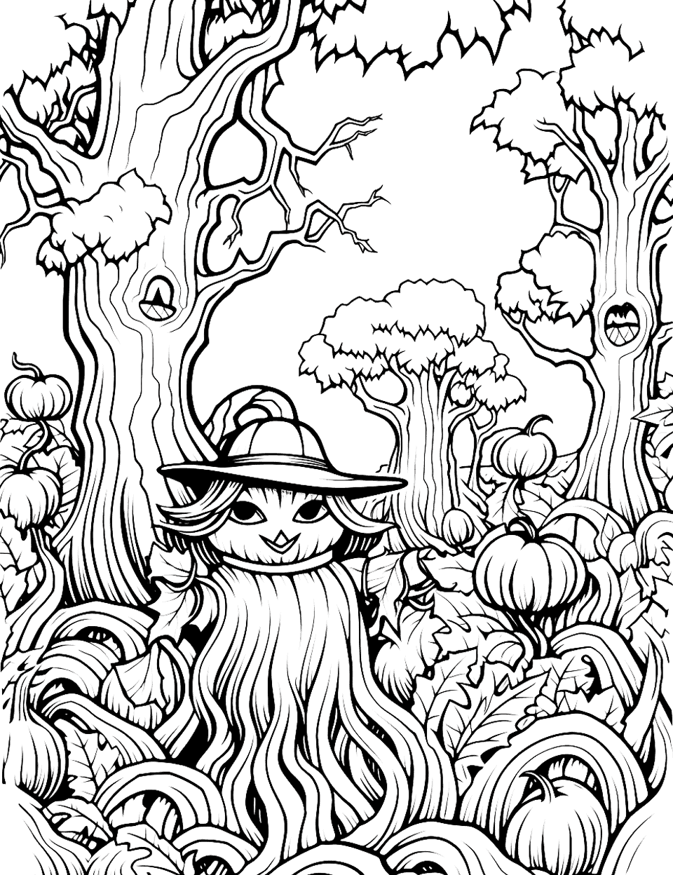 Detailed Haunted Forest Halloween Coloring Page - A detailed, intricate scene of a haunted forest, complete with spooky creatures and creepy trees.