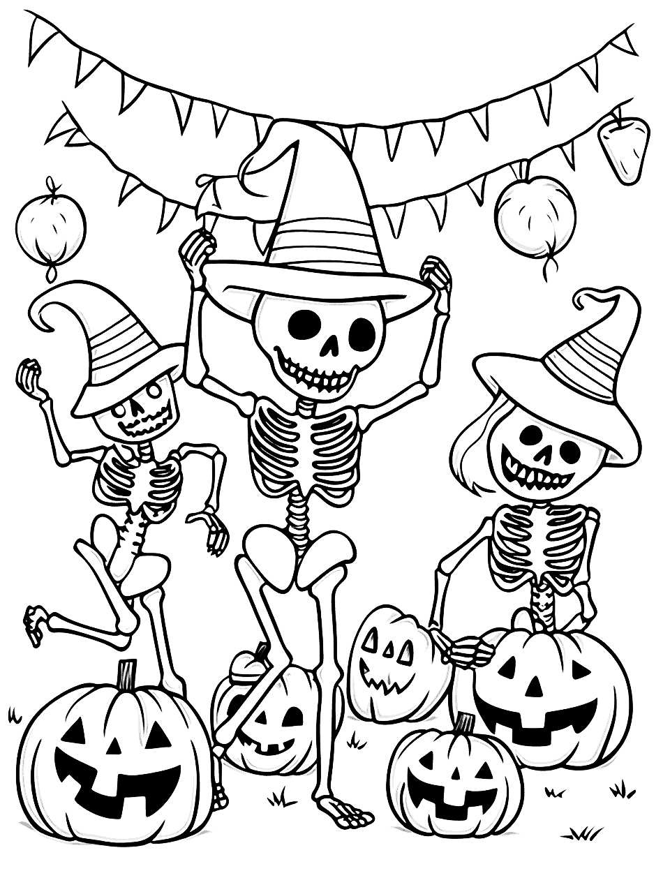 Friendly Skeleton Party Halloween Coloring Page - A bunch of friendly skeletons having a party, dancing, and playing music.