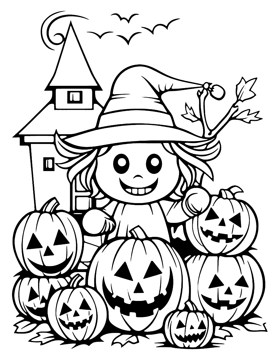 Preschool Halloween Fun Coloring Page - A simple, fun Halloween scene with a kid ghost and pumpkin surrounded, ideal for preschoolers to color.