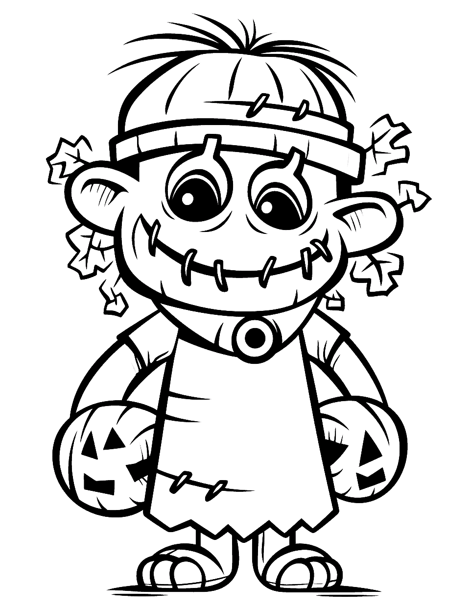 Frankenstein's Monster Portrait Halloween Coloring Page - A friendly interpretation of Frankenstein’s monster, with big stitches and a kind smile.