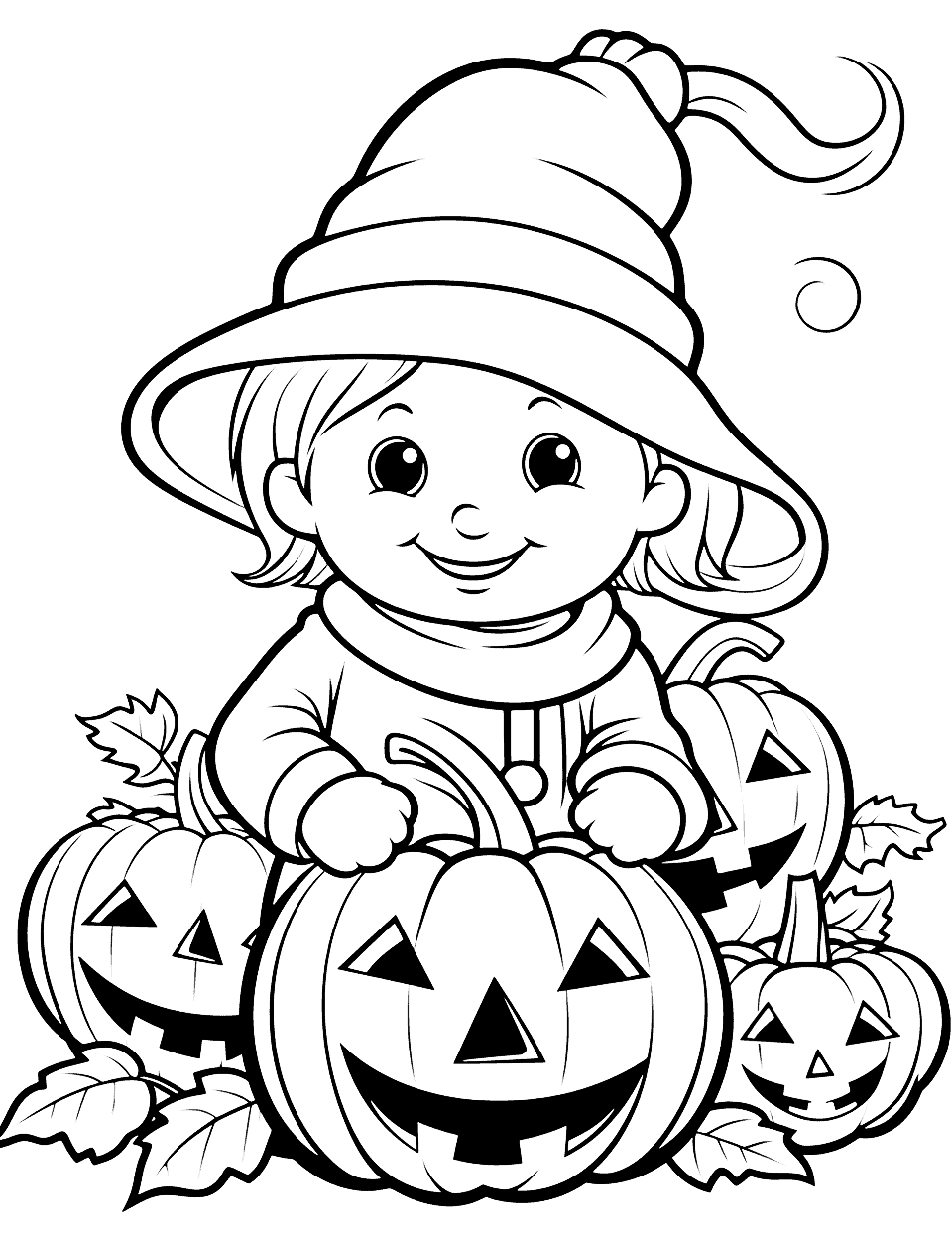 Baby's First Halloween Coloring Page - A coloring page featuring a baby wearing a witches hat, with pumpkins and Halloween decorations in the background.