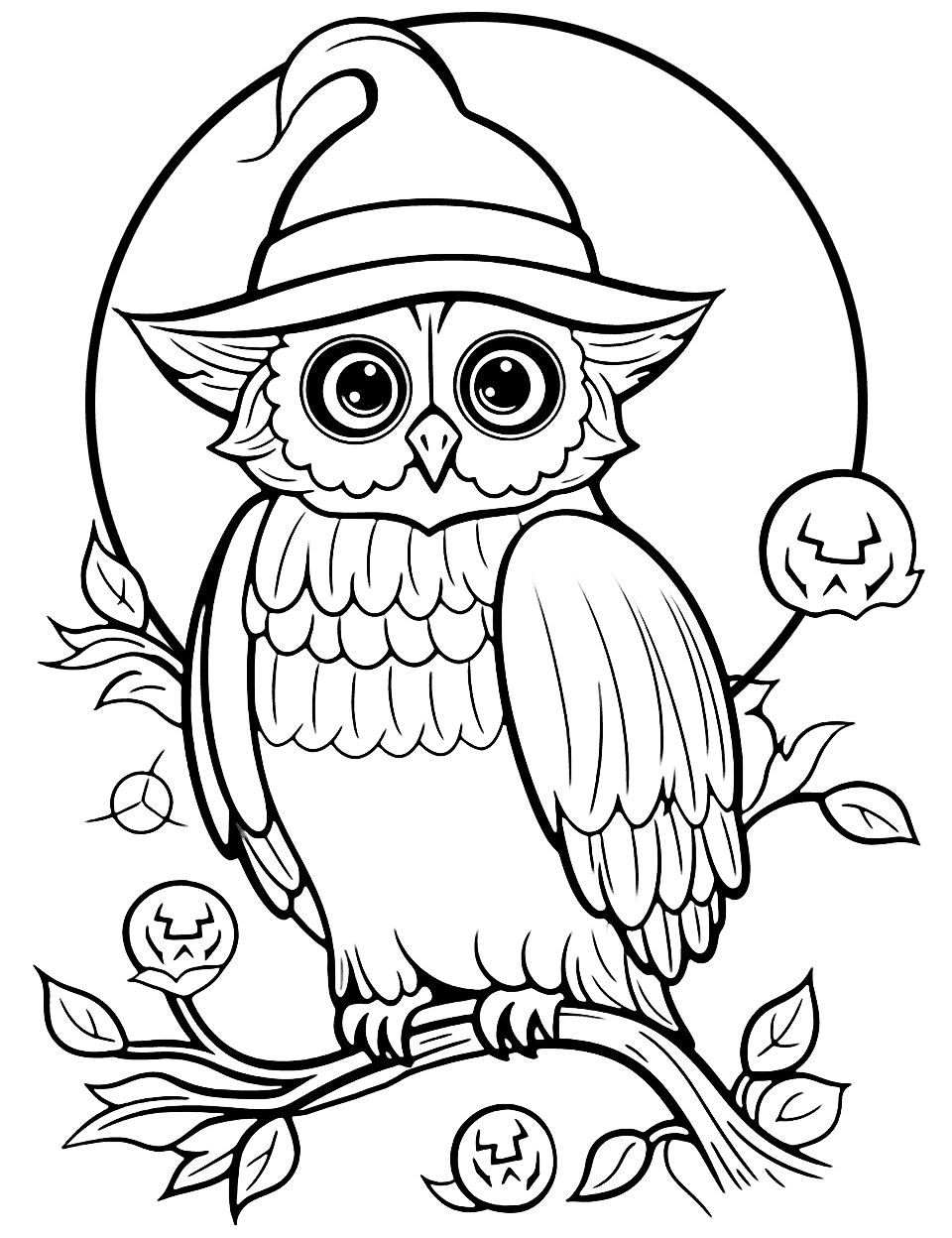 Halloween Owl Coloring Page - A detailed picture of an owl perched on a tree, with a spooky moon in the background.